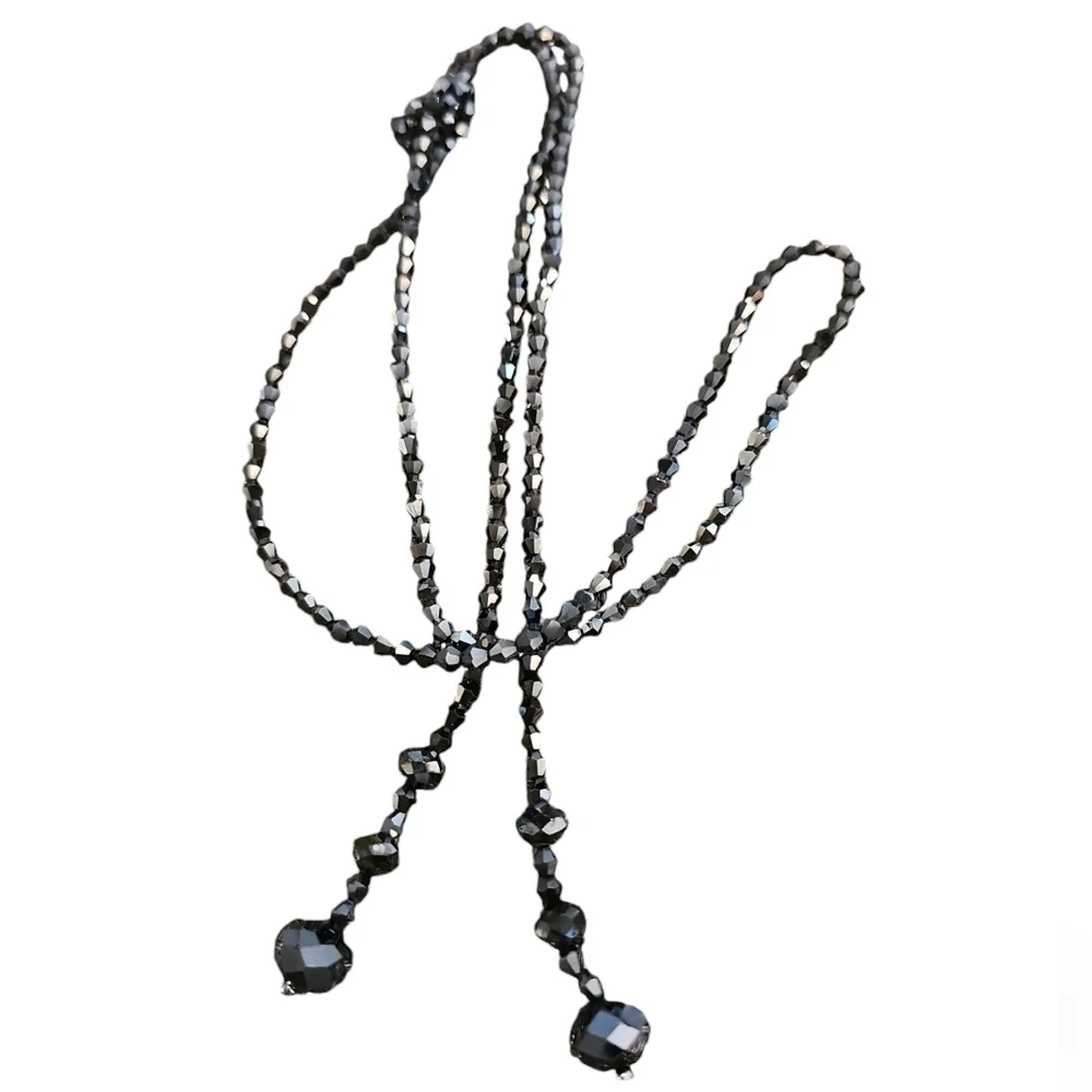 60's Navy Glass Long Necklace Tassel Acrylic Beads Vintage